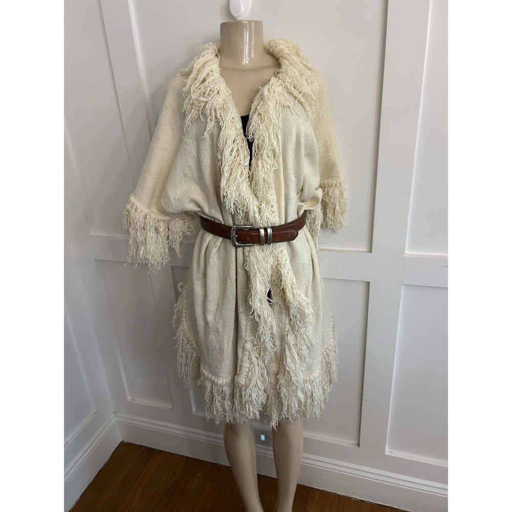 Vtg 70s DELL Original LA bohemian fringe Coachella poncho coat Ivory Hand loomed